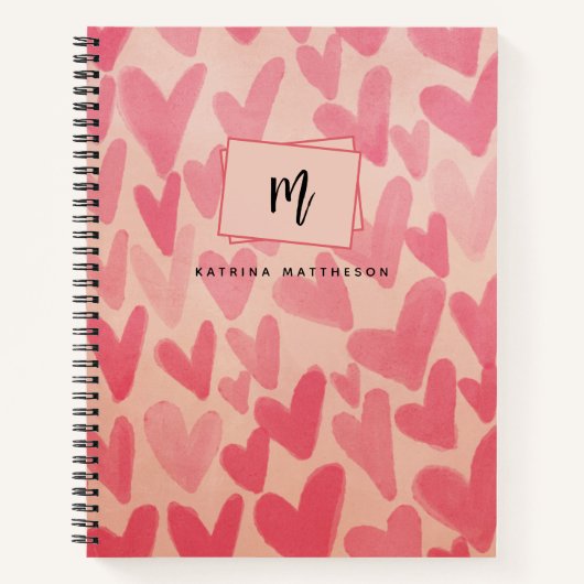 Moderne Roze Doodle Harten Monogram Notitieboek (Voorkant)