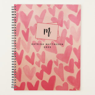 Moderne Roze Doodle Harten Monogram Planner