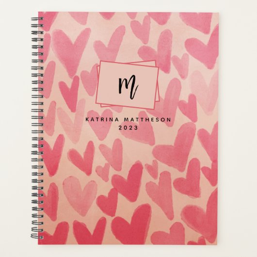 Moderne Roze Doodle Harten Monogram Planner (Voorkant)