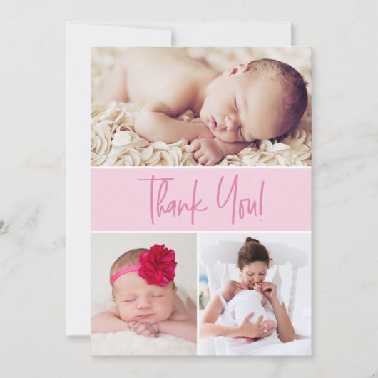 Moderne roze douane-Newborn fotocollage Shower Bedankkaart (Voorkant)