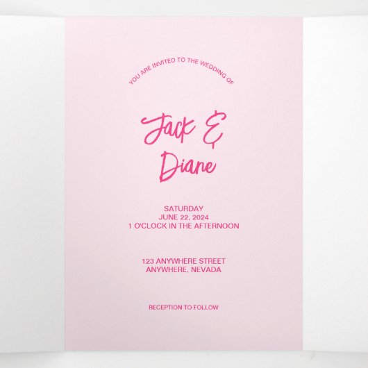 Moderne Roze Drievoudige Foto Bruiloft Uitnodiging (Binnenkant midden)