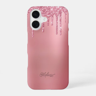 Moderne Roze Drip Glitter Naam Personaliseerbaar iPhone 16 Hoesje