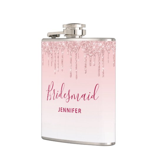 Moderne roze druppelaar bruidsmeisje heupfles (Links)