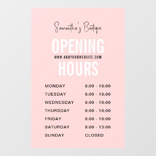 Moderne Roze Eenvoudige Boutique Openingstijden Raamsticker (Vel)