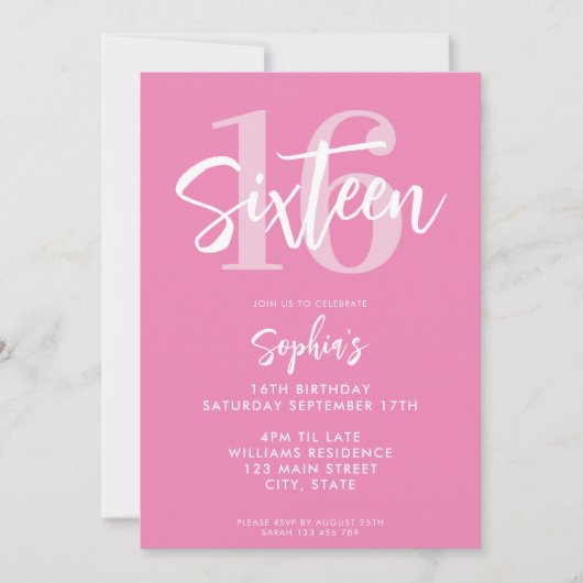 Moderne Roze Elegante 16e Verjaardag Kaart (Voorkant)