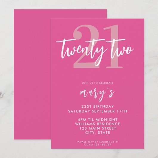 Moderne roze elegante 21e verjaardag uitnodiging (Voorkant / Achterkant)