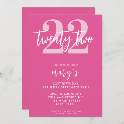 Moderne roze elegante 22e verjaardag uitnodiging (Voorkant / Achterkant)
