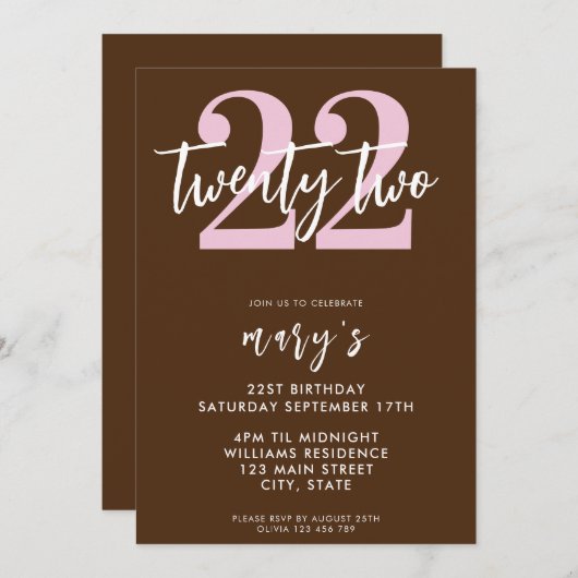 Moderne roze elegante 22e verjaardag uitnodiging (Voorkant / Achterkant)