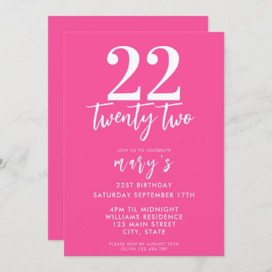 Moderne roze elegante 22e verjaardag uitnodiging (Voorkant / Achterkant)