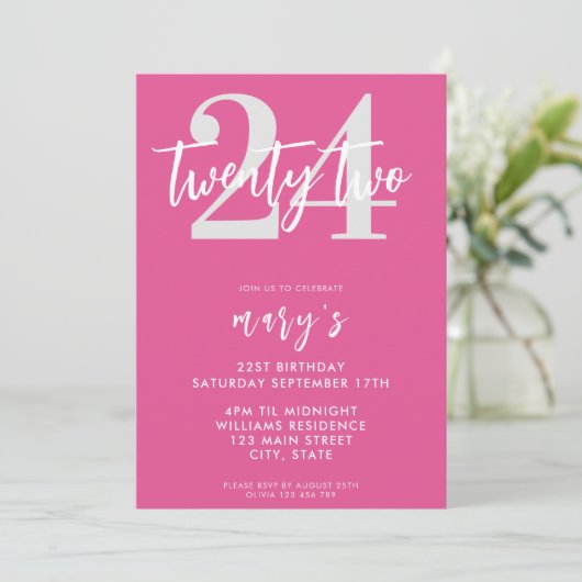 Moderne roze elegante 24e verjaardag uitnodiging (Staand voorkant)