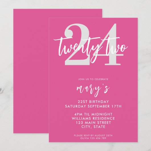 Moderne roze elegante 24e verjaardag uitnodiging (Voorkant / Achterkant)