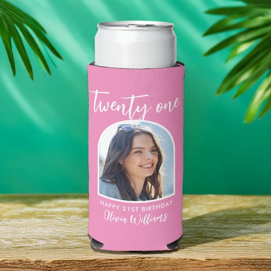 Moderne Roze Elegante Foto 21ste Verjaardag Seltzer Blikjeskoeler
