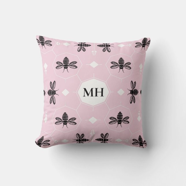 Moderne Roze Elegante Zwarte Bij Patroon Monogram Kussen (Voorkant)