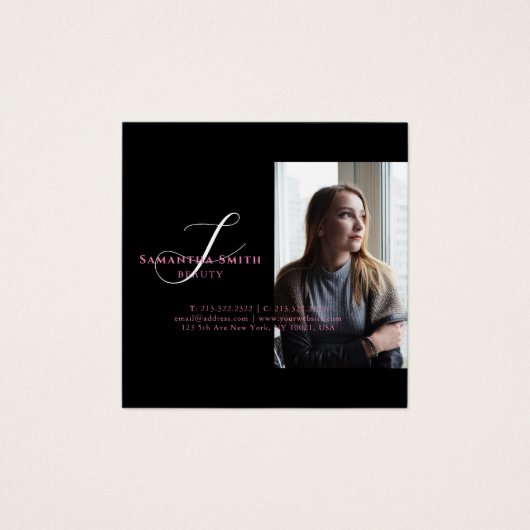 Moderne roze en achterzijde 4 Monogram fotoscript Vierkante Visitekaartjes (Voorkant)