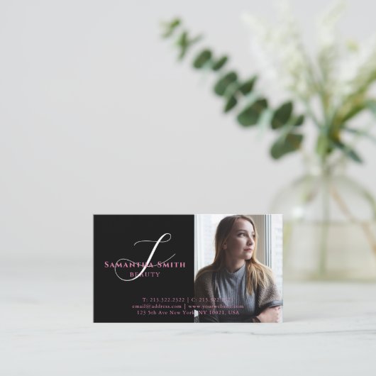 Moderne roze en achterzijde 4 Monogram fotoscript Visitekaartje (Staand voorkant)