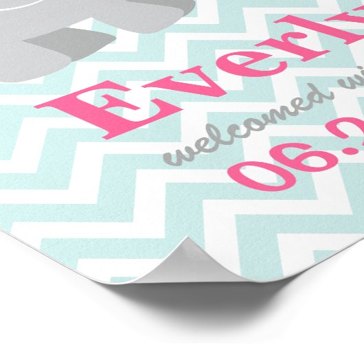 Moderne roze en Aqua Elephant Aangepast monogram Poster (Hoek)