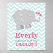 Moderne roze en Aqua Elephant Aangepast monogram Poster (Voorkant)