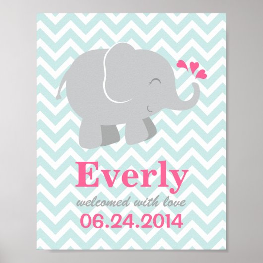 Moderne roze en Aqua Elephant Aangepast monogram Poster (Voorkant)