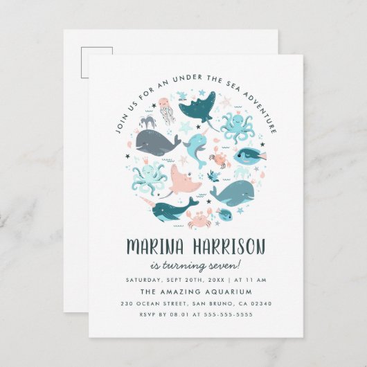 Moderne roze en blauw onder de Zee-verjaardag Uitnodiging Briefkaart (Voorkant / Achterkant)