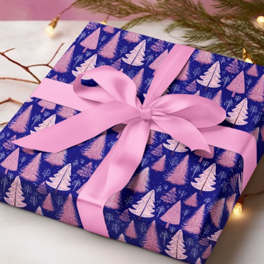 Moderne roze en blauwe kerstboom cadeaupapier