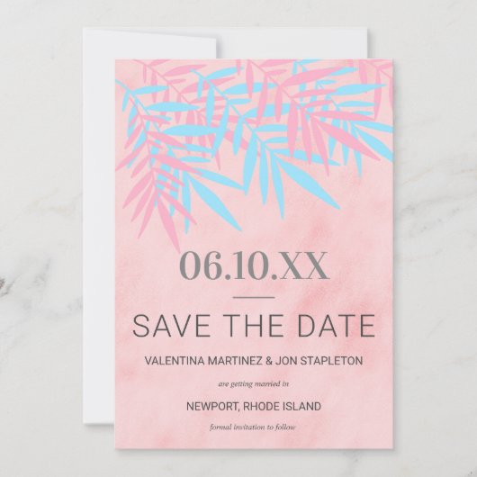 Moderne roze en blauwe palmboom - Trendy Save The Date (Voorkant)
