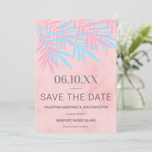 Moderne roze en blauwe palmboom - Trendy Save The Date (Staand voorkant)