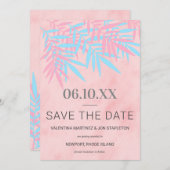 Moderne roze en blauwe palmboom - Trendy Save The Date (Voorkant / Achterkant)