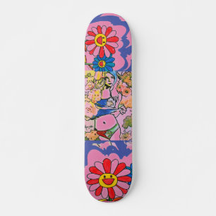 Moderne roze en blauwe waterverf meisje met bloeme persoonlijk skateboard