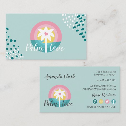 Moderne roze en Blauwgroen tropische palmboom Logo Visitekaartje (Voorkant / Achterkant)