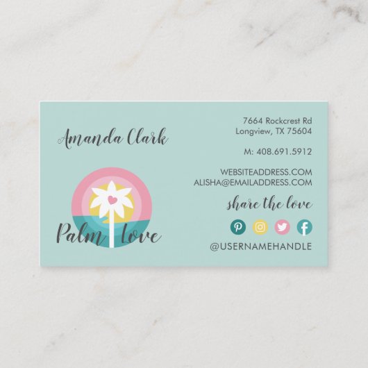 Moderne roze en Blauwgroen tropische palmboom Logo Visitekaartje (Achterkant)