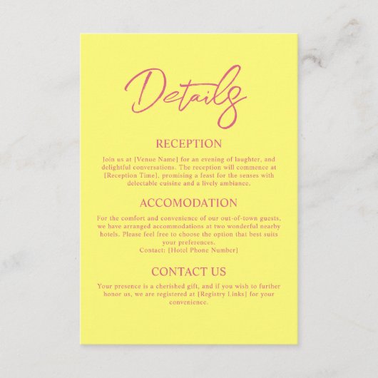 Moderne Roze en Boter Geel bruiloft Details Informatiekaartje (Voorkant)