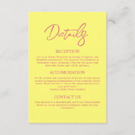 Moderne Roze en Boter Geel bruiloft Details Informatiekaartje