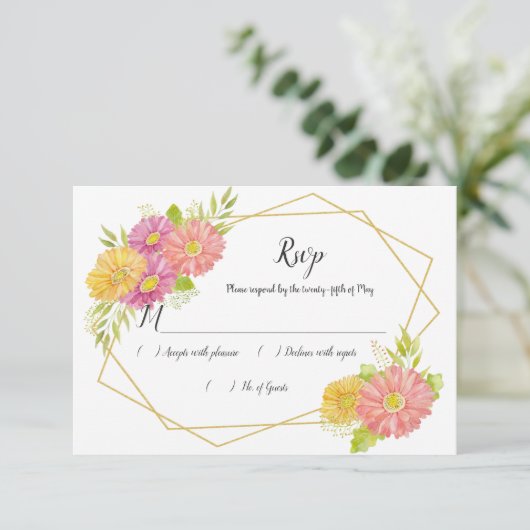Moderne Roze en Gele Daisies Geometrische RSVP (Staand voorkant)