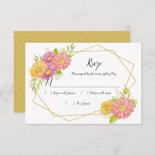Moderne Roze en Gele Daisies Geometrische RSVP (Voorkant / Achterkant)