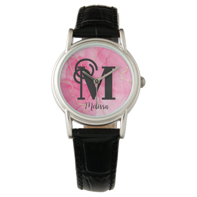 Moderne Roze en Goud Marmerde Monogram Naam Horloge (Voorkant)