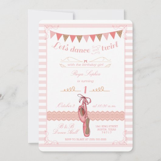 Moderne roze en gouden ballerina verjaardagsuitnod kaart (Voorkant)