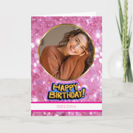 Moderne Roze en Gouden Glitter Foto & Naam Verjaar Kaart