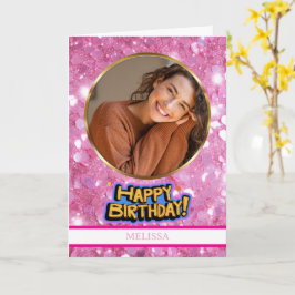 Moderne Roze en Gouden Glitter Foto & Naam Verjaar Kaart