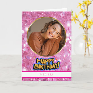 Moderne Roze en Gouden Glitter Foto & Naam Verjaar Kaart
