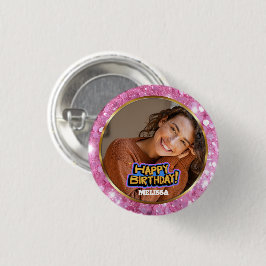 Moderne Roze en Gouden Glitter Foto Naam Verjaarda Ronde Button 3,2 Cm