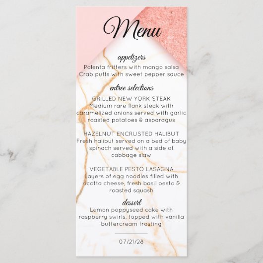 Moderne Roze en Gouden Marmer Menu (Voorkant)