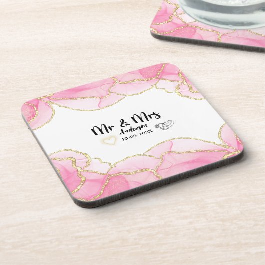 Moderne Roze en Gouden Mr en Mrs Bier Onderzetter (Linkerzijde)