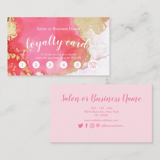 Moderne roze en gouden Waterverf Visitekaartje (Voorkant / Achterkant)
