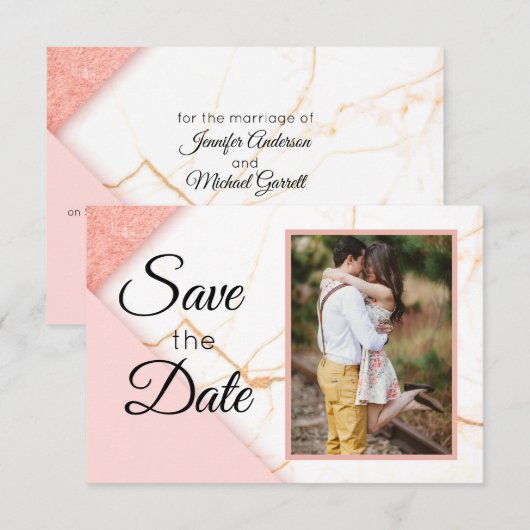 Moderne roze en goudglitter marmer save the date (Voorkant / Achterkant)