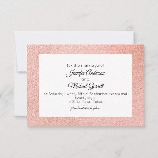 Moderne roze en goudglitter marmer save the date (Achterkant)