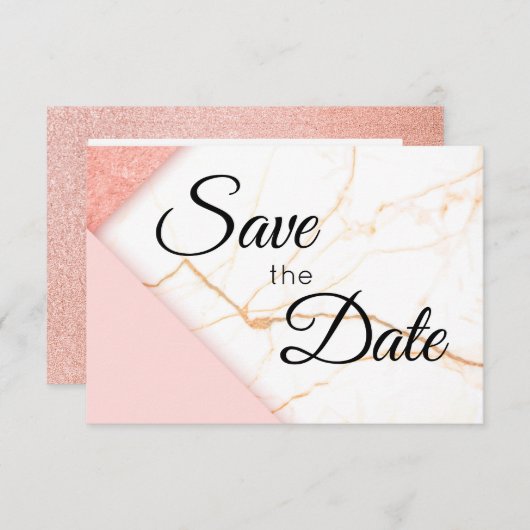 Moderne roze en goudglitter marmer save the date (Voorkant / Achterkant)