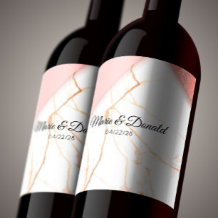 Moderne roze en goudglitter marmer wijn etiket