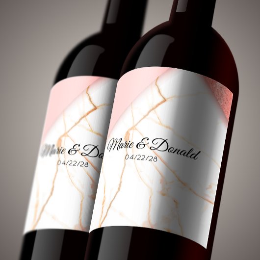 Moderne roze en goudglitter marmer wijn etiket