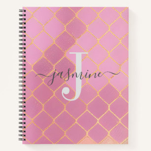 Moderne roze en goudglitter-monogram notitieboek
