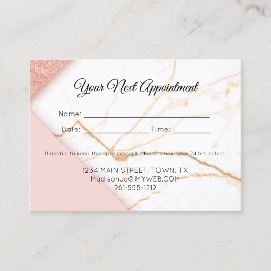 Moderne roze en goudmarmer afsprakenkaartje (Voorkant)